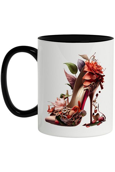 INOVATIX Personalized white mug, Shoe, Flowers, Fruits, Leaves, Stiletto, with Black Handle, INOVATIX®. 330ml