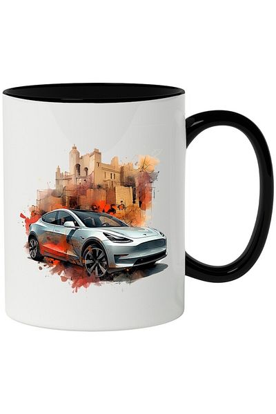 INOVATIX Personalized white mug, Car, City, Buildings, Illustration, Tesla, with Black Handle, INOVATIX®. 330ml
