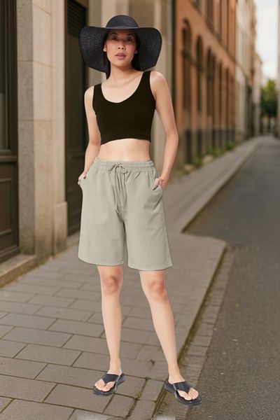 Malerind Women's Shorts Comfortable Fit Linen Look Raw Cloth Plus Size Elastic Waist Bottom