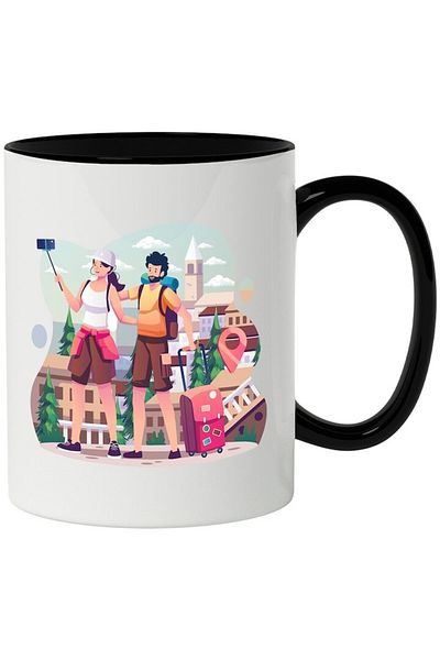 INOVATIX Personalized white mug, Tourism, Vacation, Troller, Schoolbag, with Black Handle, INOVATIX®. 330ml