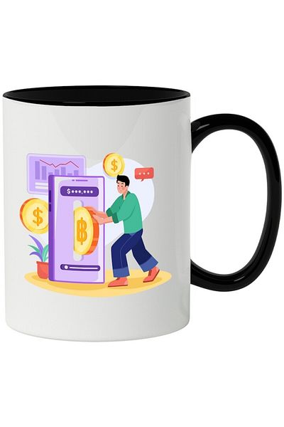 INOVATIX Personalized white mug, Coin, Phone, Finance, with Black Handle, INOVATIX®. 330ml