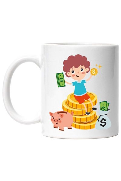 INOVATIX Personalized white mug, Boy, Banknotes, Coins, Stars, Bag, Dollars, Piggy Bank, INOVATIX®. 330ml