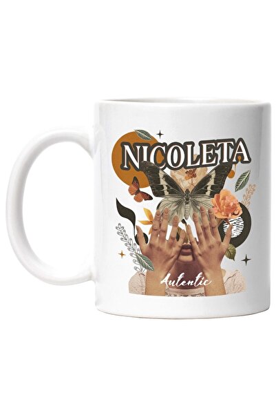 INOVATIX Cana alba personalizata, Numele Nicoleta, Colaj Fata, Fluture, Flori...