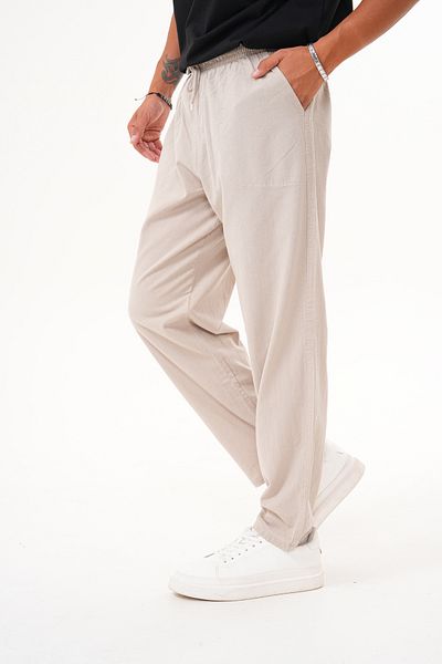 BigBrossBoutique Beige Men's Summer Cotton Linen Blended Comfortable Fit Trousers