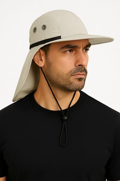 CosmoOutlet Men's Light Beige Neck Protector Uv Sun Protection Breathable Outdoor Fisherman Hat