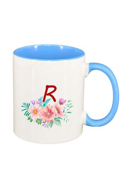 INOVATIX Personalized white mug, Flowers with alphabet, blue interior, D949, INOVATIX®. 330ml