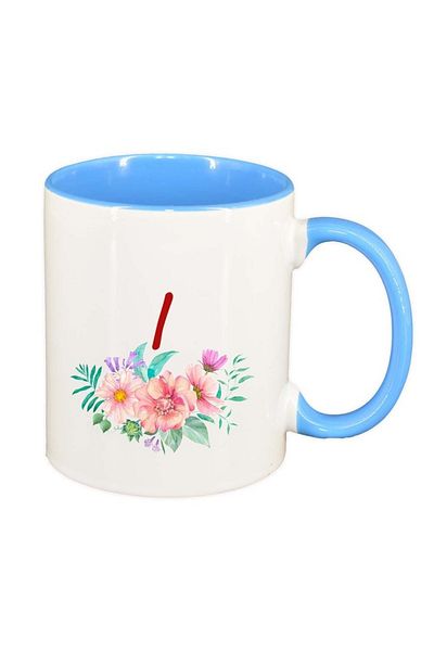 INOVATIX Personalized white mug, Flowers with alphabet, blue interior, D943, INOVATIX®. 330ml