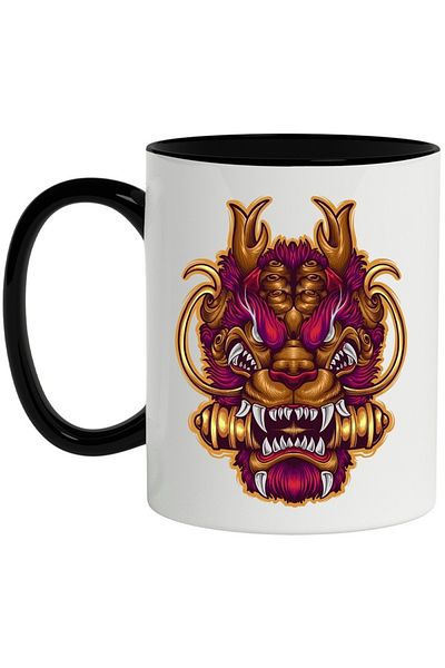 INOVATIX Personalized white mug, Dragon, Mask, Fangs, Asian, with Black Handle, INOVATIX®. 330ml