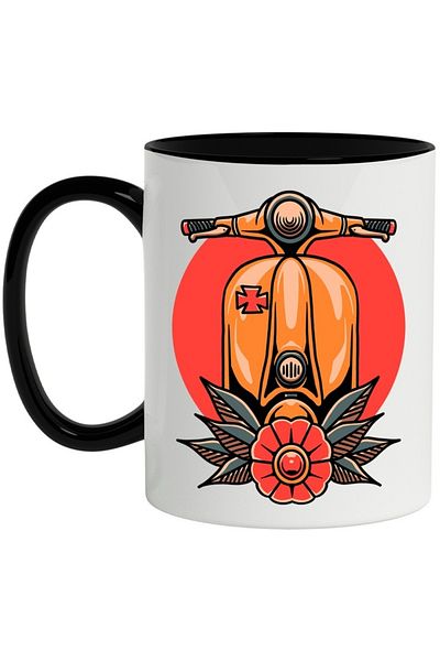 INOVATIX Personalized white mug, Scooter, Flower, Vintage, Circle, with Black Handle, INOVATIX®. 330ml