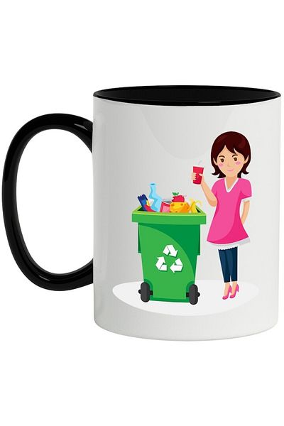 INOVATIX Personalized white mug, Woman, Dumpster, Ecology, Recycling, with Black Handle, INOVATIX®. 330ml