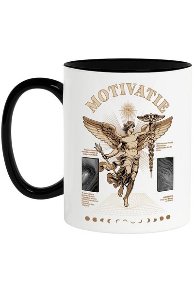 INOVATIX Personalized white mug, Motivation - Hermes, Son of Zeus and Maia, with Black Handle, INOVATIX®. 330ml