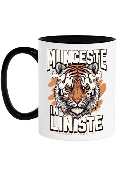 INOVATIX Personalized white mug, Work in silence-Tiger, with Black Handle, INOVATIX®. 330ml