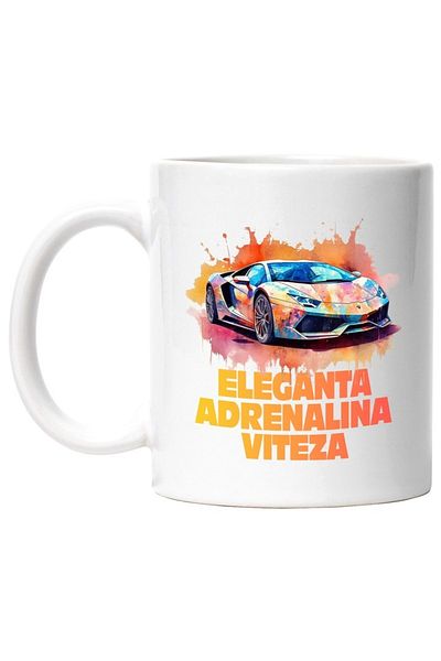 INOVATIX Cana alba personalizata, Mesaj Eleganta Adrenalina Viteza, Masina Sport, INOVATIX®. 330ml