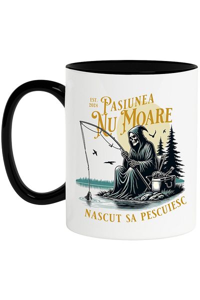 INOVATIX Personalized white mug, Born to Fish - Passion Never Dies, with Black Handle, INOVATIX®. 330ml