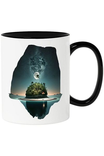 INOVATIX Personalized white mug, Island under the Moon, Palm Trees, Sand, with Black Handle, INOVATIX®. 330ml