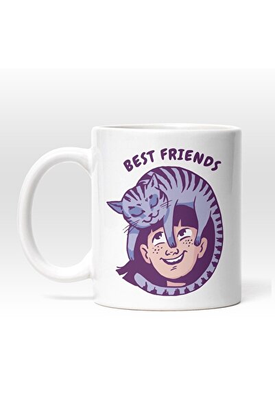 INOVATIX Εξατομικευμένη λευκή κούπα, Best Friends Cat and Girl,, Μωβ, Ροζ, IN...