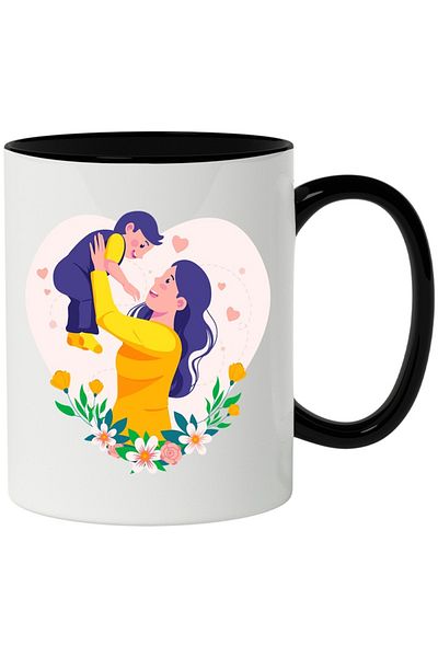 INOVATIX Personalized white mug, Hearts, Mother, Child, Flowers, Socks, with Black Handle, INOVATIX®. 330ml