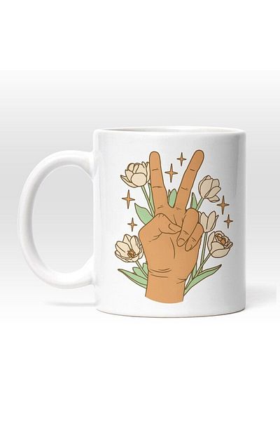 INOVATIX Personalized white mug, Hand Showing Peace Sign,, Brown, Yellow, Green, INOVATIX®. 330ml