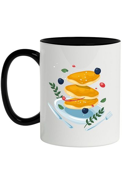 INOVATIX Personalized white mug, Pancakes, Food, Blueberries, Cutlery, with Black Handle, INOVATIX®. 330ml