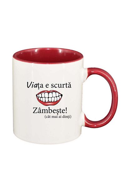 INOVATIX Personalized white mug, Life is short, smile..., red interior, D1029, INOVATIX®. 330ml