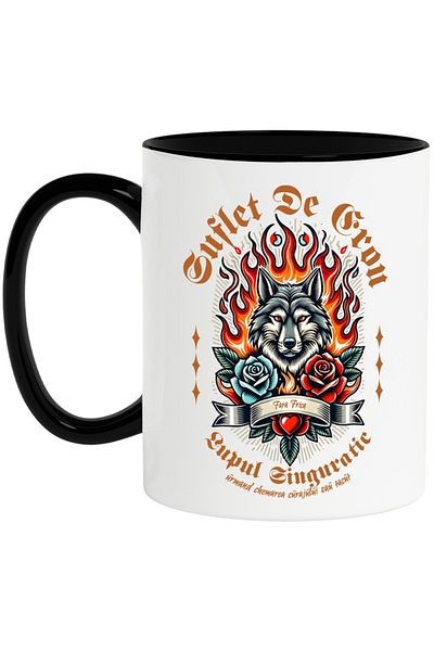 INOVATIX Personalized white mug, Hero's Soul - Lone Wolf, with Black Handle, INOVATIX®. 330ml