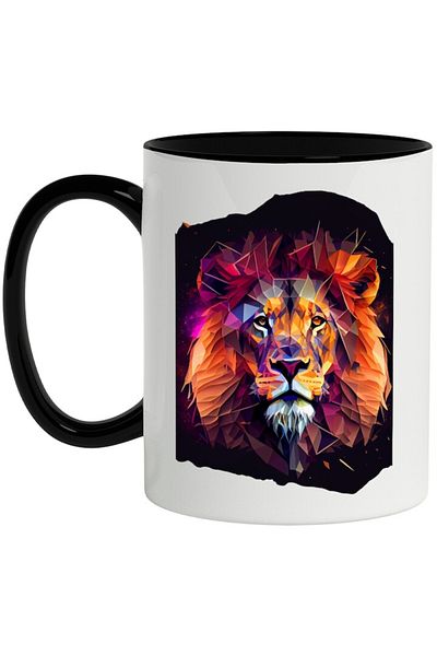 INOVATIX Personalized white mug, Lion, Abstract, Geometric, Space, with Black Handle, INOVATIX®. 330ml