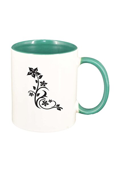 INOVATIX Персонализирана бяла чаша, флорален мотив, зелена вътрешност, D279, ...