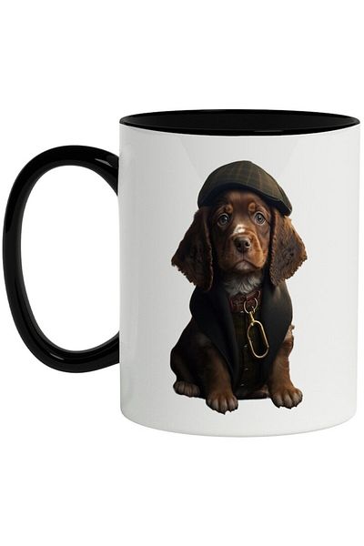 INOVATIX Personalized white mug, Dog, English Costume, Gentleman, Elegant, with Black Handle, INOVATIX®. 330ml