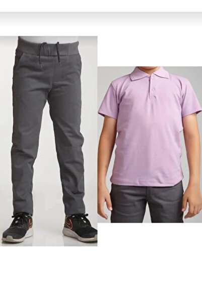 BAGİSTA BUTİK بنطلون كتان رمادي للأطفال (خصر مطاطي) ليلك بأكمام قصيرة للمدرسة LAKOS