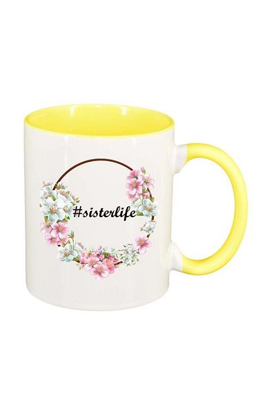 INOVATIX Personalized white mug, Flowers, #sisterlife, yellow interior, D1042, INOVATIX®. 330ml