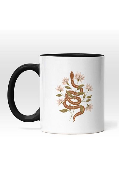INOVATIX Personalized white mug, Snake in Flowers, with Black Handle, INOVATIX®. 330ml
