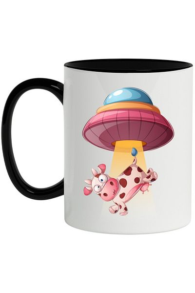 INOVATIX Personalized white mug, UFO, Cow, Abduction, Aliens, SF, with Black Handle, INOVATIX®. 330ml