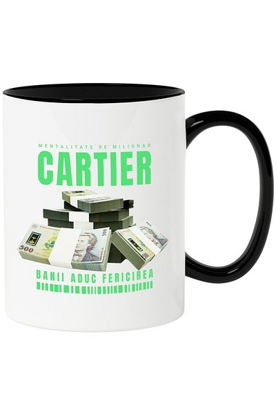 INOVATIX Personalized white mug, _Cartier_ - Money Brings Happiness, with Black Handle, INOVATIX®. 330ml