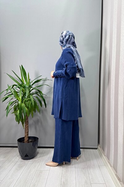 MISS DALIDA Elastic Waist Wide Leg Cupro Trousers Blue T25Y-7007