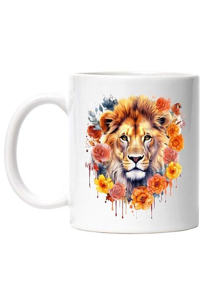 INOVATIX Personalized white mug, Lion Head, Roses, Flowers, Leaves, Watercolor, INOVATIX®. 330ml