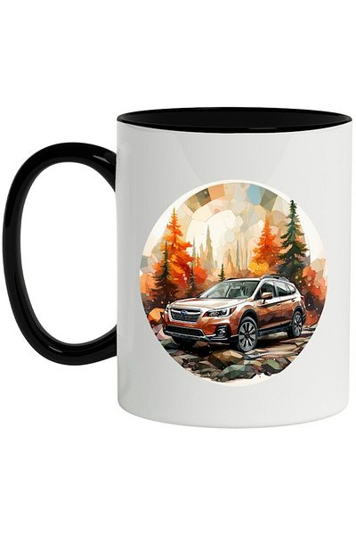 INOVATIX Personalized white mug, Car, Autumn, Stones, Forest, Fir Trees, with Black Handle, INOVATIX®. 330ml