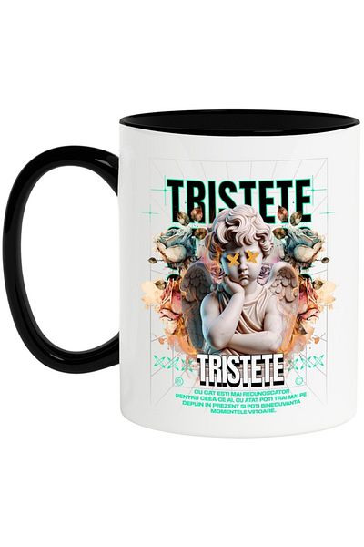INOVATIX Personalized white mug, Sad Angel - Sadness, with Black Handle, INOVATIX®. 330ml
