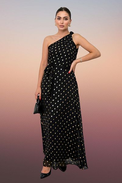 Moda Amore Μακρύ βραδινό φόρεμα με έναν ώμο με λεπτομέρειες - Γυναικείο βραδινό φόρεμα με χρυσό πουά Γυναικείο φόρεμα 042