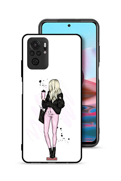 Tolwak Xiaomi Redmi Note 10S Protective Case Cover Girl Holding Coffee Cup Art