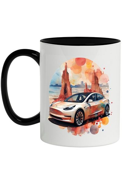 INOVATIX Personalized white mug, Car, Tesla, Beach, Rocks, City, Sky, with Black Handle, INOVATIX®. 330ml