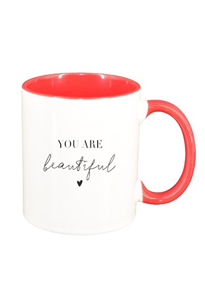 INOVATIX Cana alba personalizata, mesaj You are beautiful, interior rosu, D14...