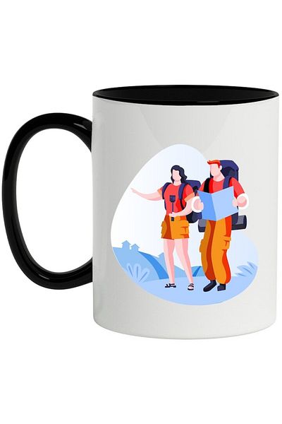 INOVATIX Personalized white mug, Backpack, Hiking, Map, Selfie Stick, with Black Handle, INOVATIX®. 330ml
