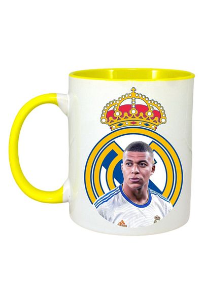 INOVATIX Personalized White Mug, Mbappe King Real, Yellow Handle and Interior, ®. 330ml