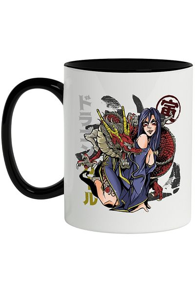 INOVATIX Personalized white mug, Anime Illustration, Dragon, Girl, Symbols, with Black Handle, INOVATIX®. 330ml