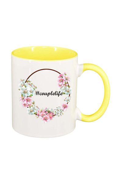 INOVATIX Personalized white mug, Flowers, #couplelife, yellow interior, D1043, INOVATIX®. 330ml