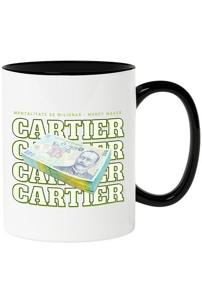 INOVATIX Personalized white mug, _Cartier_ - 100 Romanian Lei, with Black Handle, INOVATIX®. 330ml