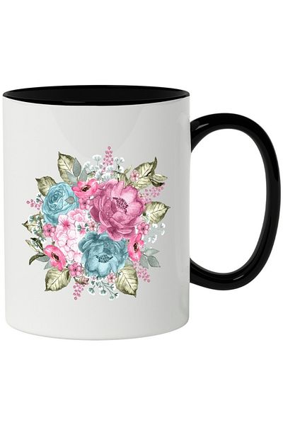 INOVATIX Personalized white mug, Bouquet, Flowers, Pastel, Leaves, with Black Handle, INOVATIX®. 330ml
