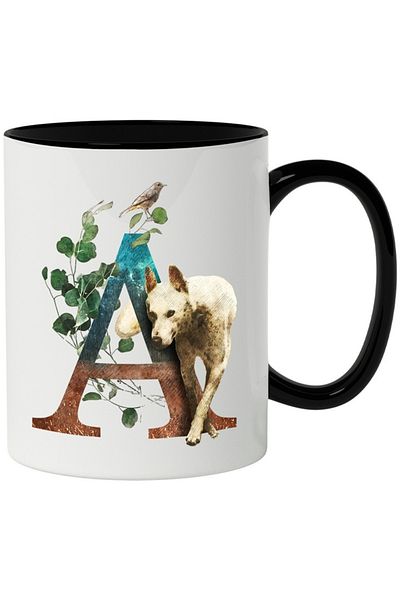 INOVATIX Personalized white mug, Puppy, Letter, A, Bird, Leaves, with Black Handle, INOVATIX®. 330ml