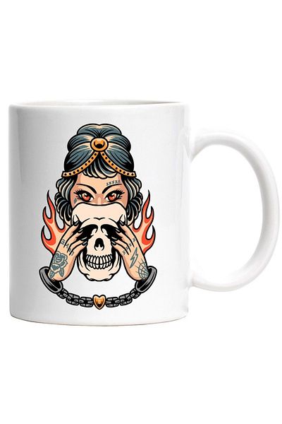 INOVATIX Personalized white mug, Skull, Flames, Handcuffs, Heart, Woman, Gothic, Vampire, INOVATIX®. 330ml