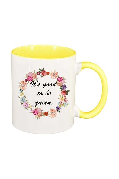 INOVATIX Personalized white mug, Flowers, It`s good to be a queen, yellow interior, D1049, INOVATIX®. 330ml